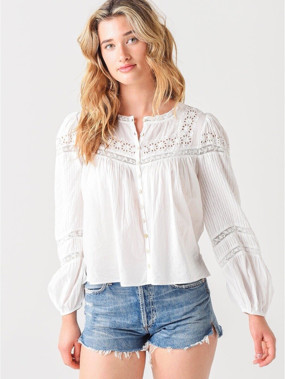 LOVESHACKFANCY Badyn Blouse Eyelet Lace Inset True White